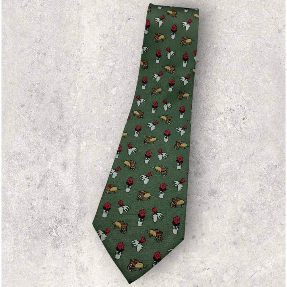 CABOUCHON Silk Tie Green Red Brown Flowerpot Wheelbarrow W:3.7" EUC